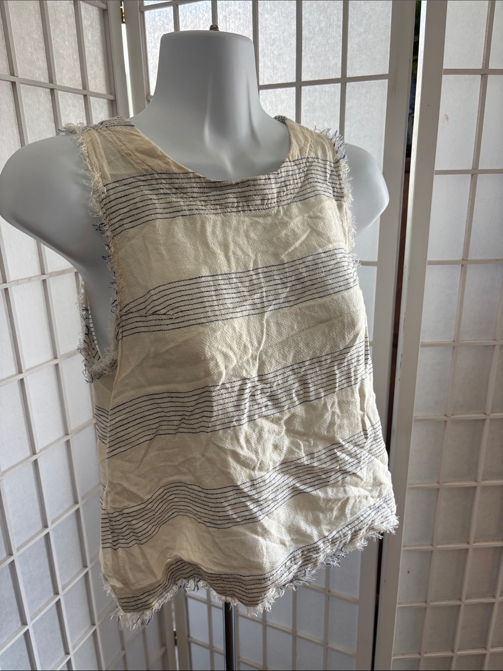 Thread & Supply Cream Tank Top with blue stripes and back buttons